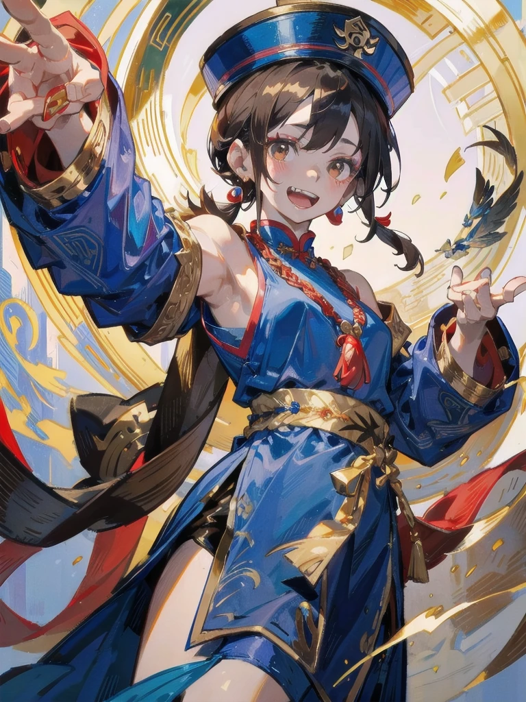 jiangshi, jiangshi costume, hat, talisman, wing, grey skin, colored skin, make up, 1girl, solo, small breasts, brown hair, long hair, brown eyes, blue dress, chinese clothes, long sleeves, detached sleeves, gold earrings, extended arms, exposed shoulders, sandals, teeth, smile chinese palace, seen from below, upper body score_9, score_8_up, score_7_up, score_6_up, score_5_up, score_4_up, BREAK source_anime, masterpiece