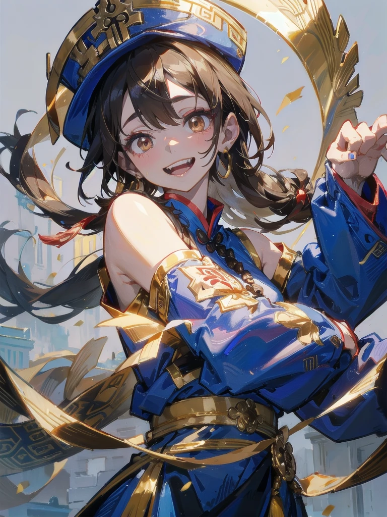 jiangshi, jiangshi costume, hat, talisman, wing, grey skin, colored skin, make up, 1girl, solo, small breasts, brown hair, long hair, brown eyes, blue dress, chinese clothes, long sleeves, detached sleeves, gold earrings, extended arms, exposed shoulders, sandals, teeth, smile chinese palace, seen from below, upper body score_9, score_8_up, score_7_up, score_6_up, score_5_up, score_4_up, BREAK source_anime, masterpiece