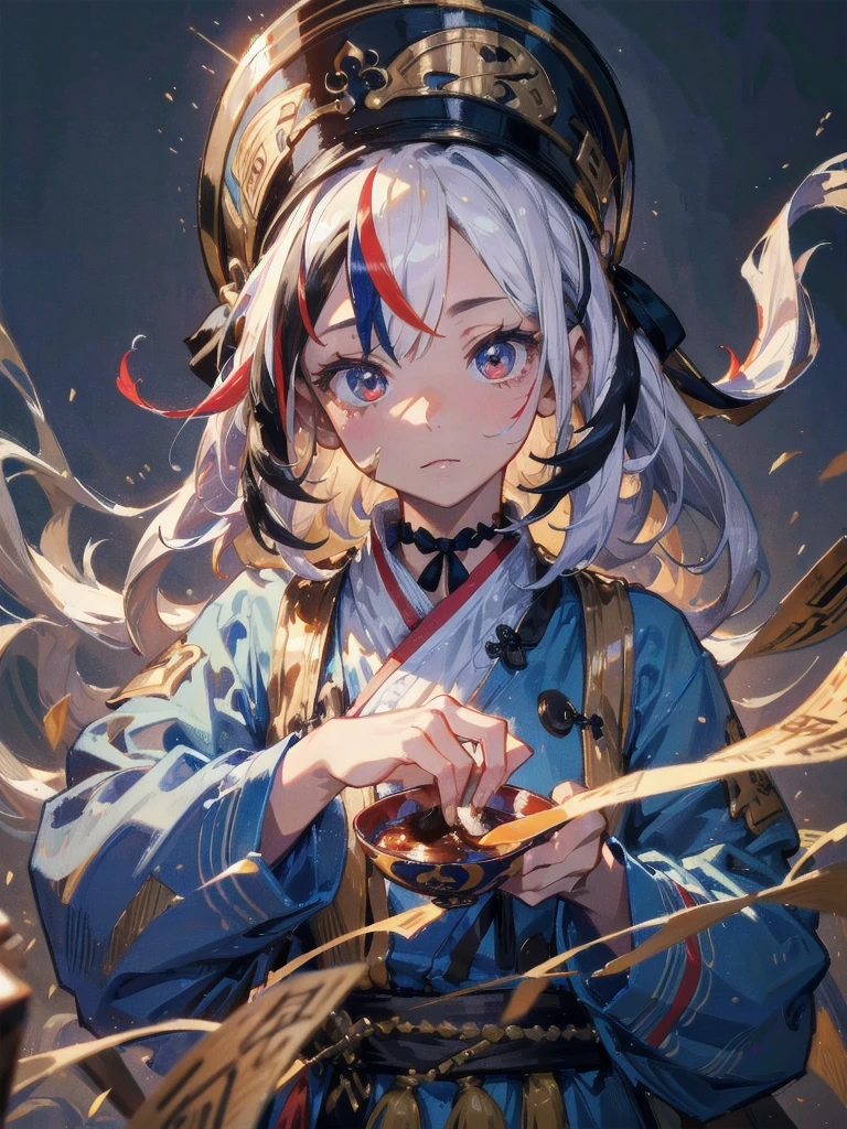 hwah jah,(streaked hair:1.2),jiangshi,, best quality , masterpiece, illustration, an extremely delicate and beautiful, extremely detailed ,CG,unity,8k wallpaper, Amazing, finely detail, masterpiece, best quality,official art,extremely detailed CG unity 8k wallpaper,absurdres, incredibly absurdres, huge filesize , ultra-detailed, highres, extremely detailed,beautiful detailed girl, extremely detailed eyes and face, beautiful detailed eyes,light on face,