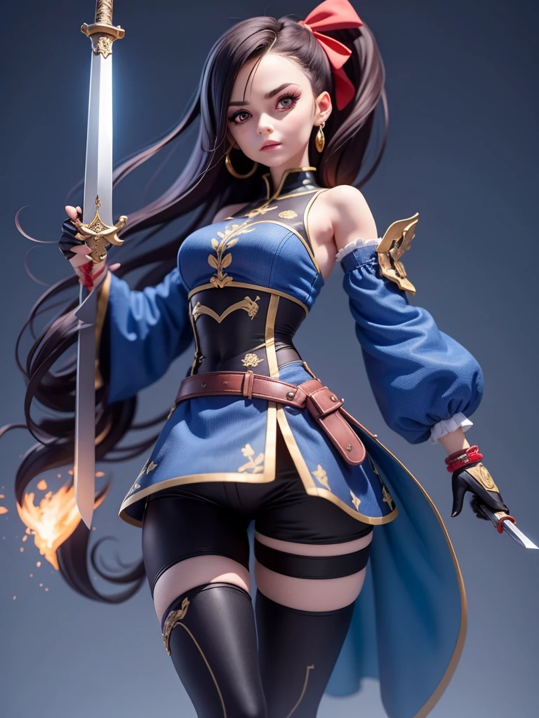 female mascot, small, , Ray-tracing, Waist slender, small, with ancient clothes, detailed, Russian robes, warm clothing, hot pants e botas, with sword in hand, futuristic gun pointing left, pose to the left, detailed doom style sword, large sword with different colors, futuristic sword, cintura small, complex light, cyberpunk sword in hand, sock with horizontal stripes in two colors up to the thigh, complex light, wool, pants with many folds, exclusive gloves, dynamic position, dark look, dark look, giant sword in hand, attacking, belts around the waist, detailed hem, giant laser sword, dark look, shorts, Darkening, Eyes red, Traits I didn't bring, prints, big thorns bracelet, shorth hair, Power spells,High subsurface, High subsurface, occlusion environment, ((dark look)), dark look, black costumes, shorth hair, big gloves, Bodysuit, (tied hair), hair divided into two, full-body vision, hair tied with ribbons and large bows, joelheiras detailed, ((blackquality hair)), ((blue short dress with stylish rip at the waist)),mortal kombat, detailed top, shoulder pads rich in details, Thigh-high boots, hair divided into two, stamped, red details,((sexy))