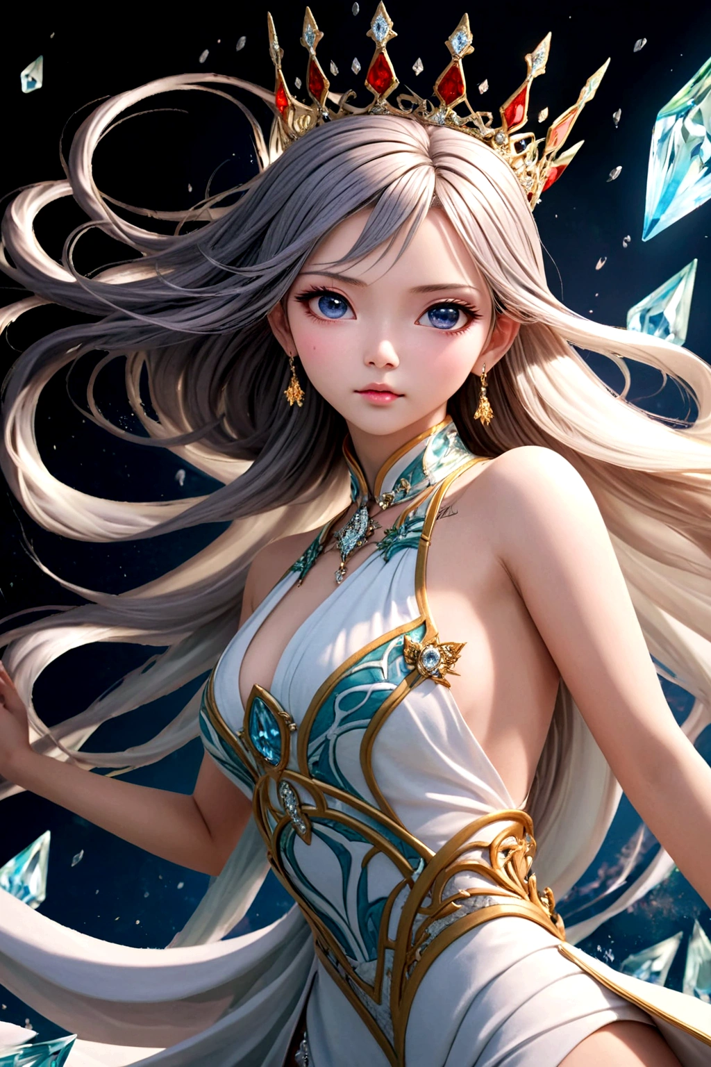 Close-up of a woman in a red dress and gold jewelry，Royal Sister，Superb beauty，a queen，Beautiful and elegant queen, portrait of a queen,  Xianxia, a beautiful fantasy empress, xianxia fantasy, Beautiful young wind spirit, inspired by Li Mei-shu, ((a beautiful fantasy empress)), xianxia hero, 3 d anime realistic, full-body xianxia, Smooth anime CG art