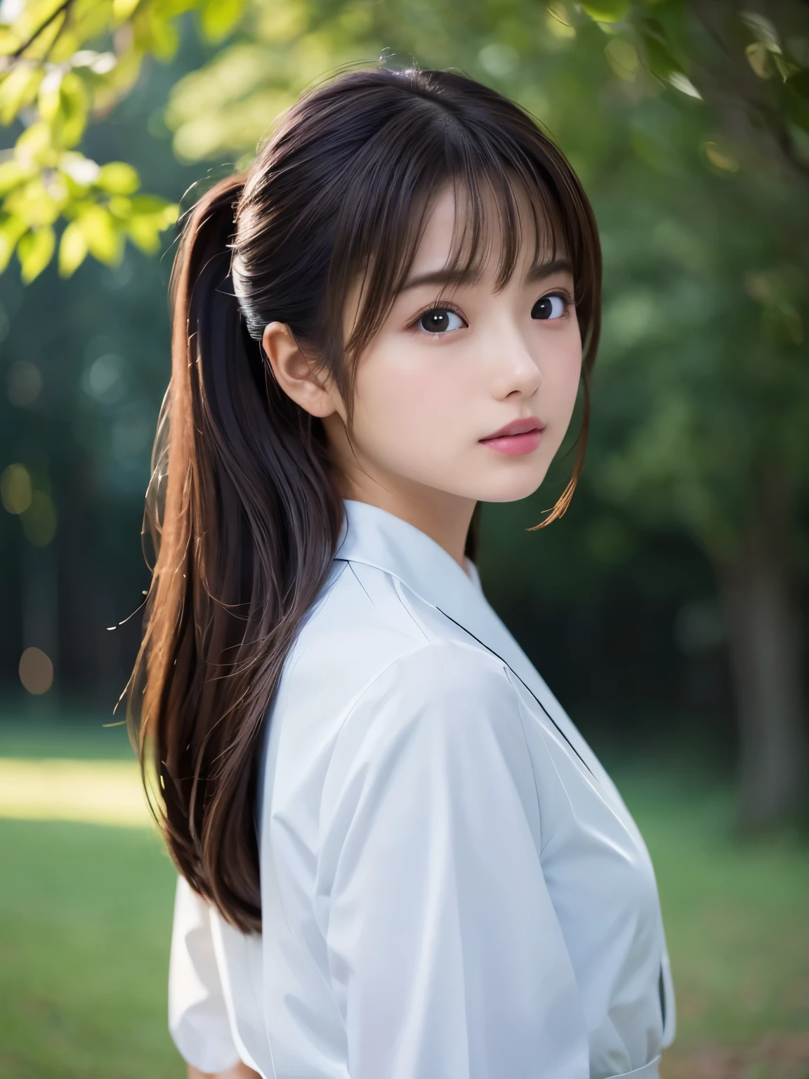 ((masterpiece, Highest quality, High resolution)), (look back:1.3), 1 girl, (Realistic: 1.4), Great face, 15 years old, Medium Hair, (Beautiful Hair:1.5), Kyudo uniform, The background is a school building, Angle from the back, Smooth, Highly detailed CG composite 8K wallpaper, High resolutionのRAWカラー写真, Professional photography, Light, BackLight, dream-like, impressive, Written boundary depth