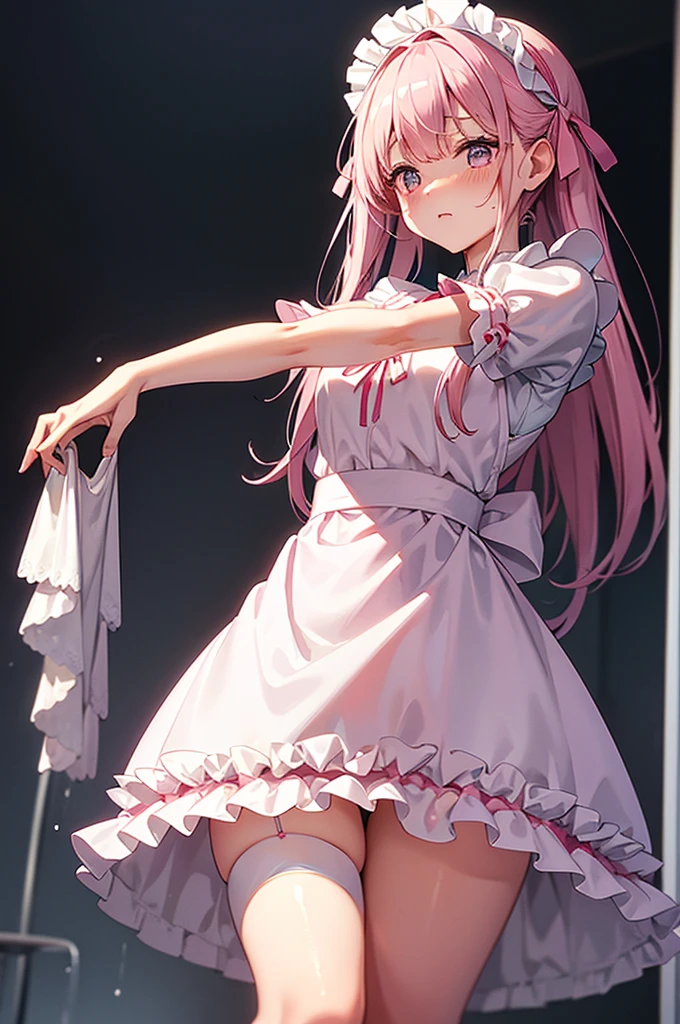 Highest quality、Shiny silk short sleeve puff sleeve pink maid outfit、transparent、Very short skirt、Giant ribbon、A short white ruffled apron、Garter belt with ribbon、Pink high heels with ribbon、Large headband with ribbon、Flushed Cheeks、Embarrassed look、Heavy breathing、Pure white underwear、Soaking wet、storm、Stand on a chair and stretch、Looking up from directly below