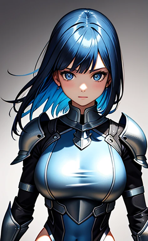 (close to viewer:1.5)、(masterpiece:1.5、Photorealistic:1.4,anime coloring:1.4、high resolution:1.4)、,(spot light:1.2、Exquisite beautiful eye:1.5,)、(stand:1.5)、()、(upper body:1.5)、
(kind eyes、tareme:1.4),()、(Cute Face)、(blue hair:1.5)、(middle hair:1.5),(sidelock :1.6),(blunt bangs:1.3),(1 girl)、(blue eyes:1.2)、(clear face:1.5),()、(solo)、(chromium　metal black :1.5) ,(Abdominal muscles),(huge breasts),(),(leotard armor:1.5),(Leg guard)、()、()、Slim Body(),Shiny Hair、