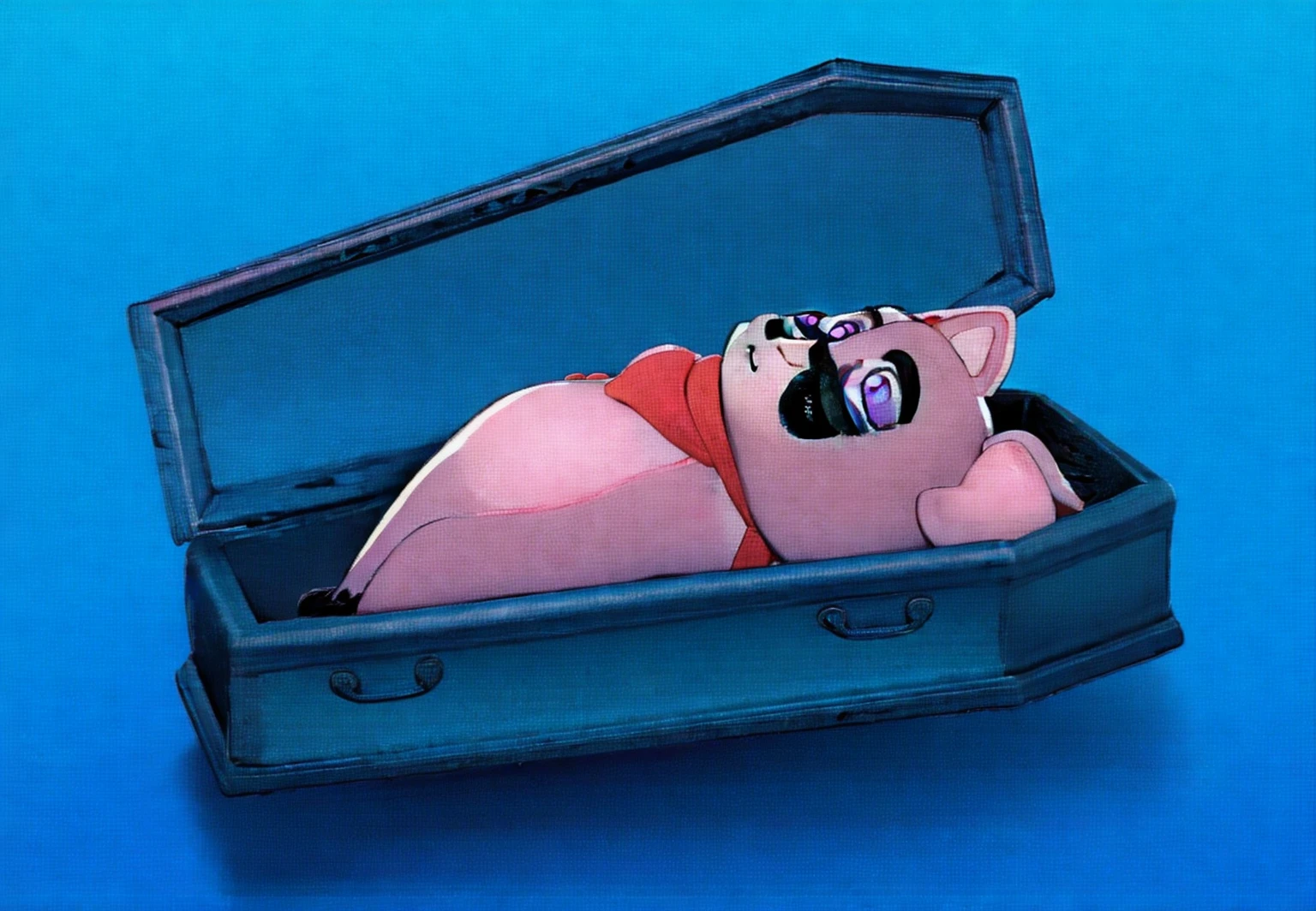 This image features a cartoonish raccoon character lying in a blue coffin. The raccoon is dressed in a purple outfit with a red scarf and has a black mask painted on its face. The character appears to be peacefully resting with its eyes closed. The scene is set against a gradient blue background, which enhances the somber yet whimsical nature of the image. The bright colors of the raccoon's outfit and the coffin create a striking contrast, adding to the surreal and imaginative quality of the scene.
