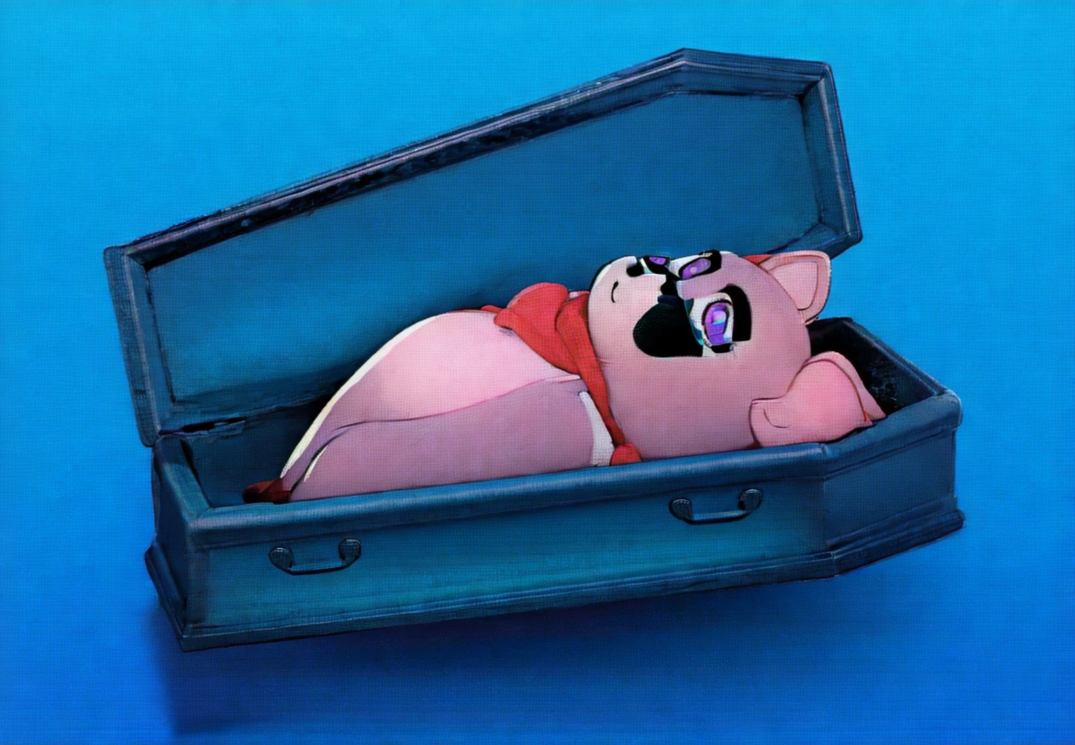 This image features a cartoonish raccoon character lying in a blue coffin. The raccoon is dressed in a purple outfit with a red scarf and has a black mask painted on its face. The character appears to be peacefully resting with its eyes closed. The scene is set against a gradient blue background, which enhances the somber yet whimsical nature of the image. The bright colors of the raccoon's outfit and the coffin create a striking contrast, adding to the surreal and imaginative quality of the scene.