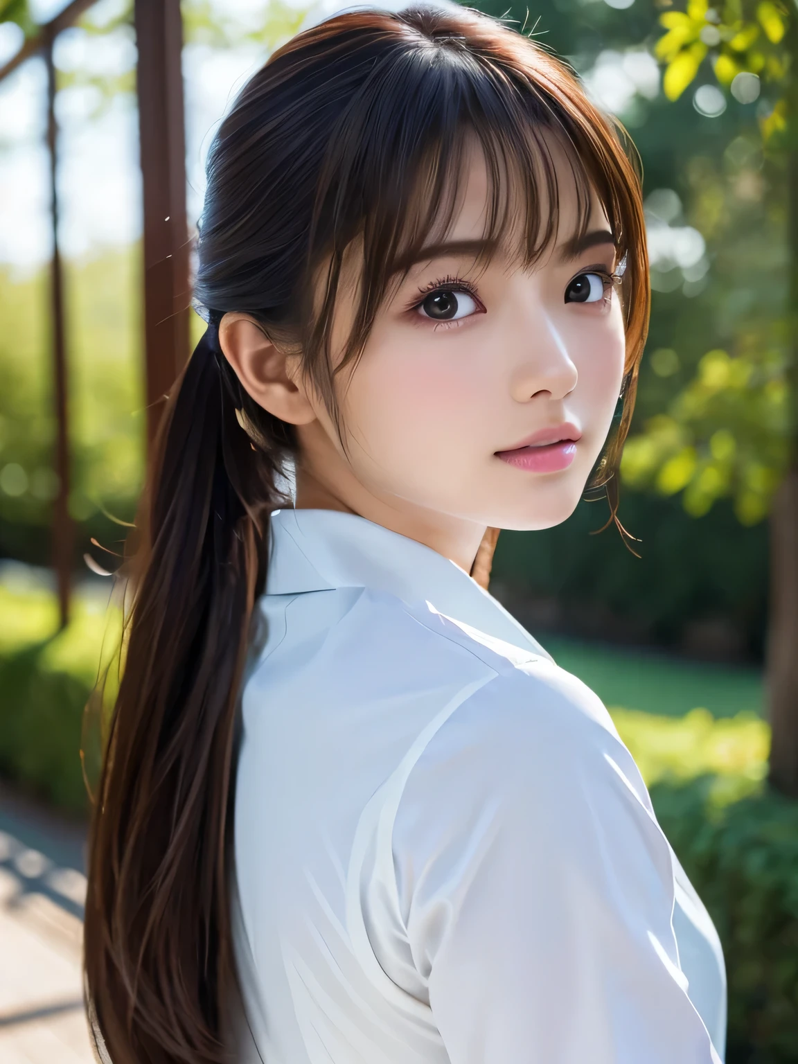 ((masterpiece, Highest quality, High resolution)), (look back:1.3), 1 girl, (Realistic: 1.4), Great face, 15 years old, Medium Hair, (Beautiful Hair:1.5), Kyudo uniform, The background is a school building, Angle from the back, Smooth, Highly detailed CG composite 8K wallpaper, High resolution RAW color photos, Professional photography, Light, BackLight, dream-like, impressive, Written boundary depth