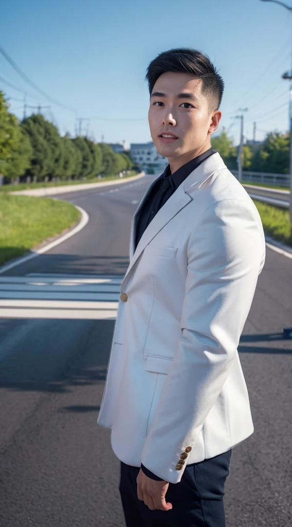 Masterpiece, best quality best, 1 young man, Asian man, East Asian people, one person, The muscles are in good proportion., Posing obscenely, short hair details, white teeth, jacket set, road background, Realistic style,photography,Can be seen from the front, see viewers