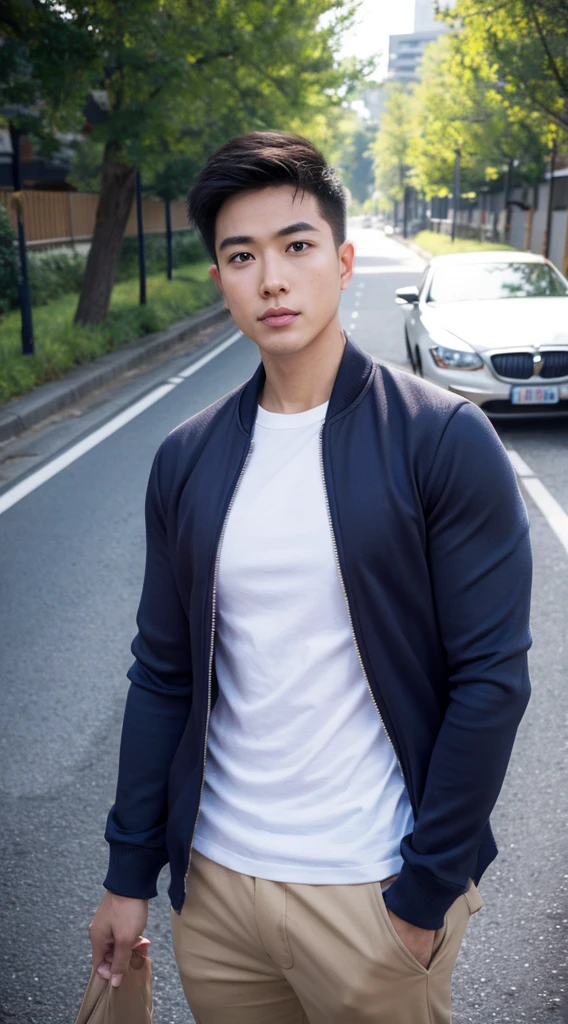Masterpiece, best quality best, ung man, Asian man, East Asian people, one person, The muscles are in good proportion., Posing obscenely, short hair details, white teeth, jacket set, road background, Realistic style,photography,Can be seen from the front, see viewers