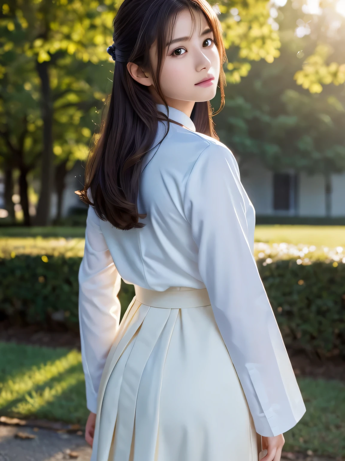 ((masterpiece, Highest quality, High resolution)), (look back:1.3), 1 girl, (Realistic: 1.4), Great face, , Medium Hair, (Beautiful Hair:1.5), Kyudo uniform, The background is a school building, Angle from the back, Smooth, Highly detailed CG composite 8K wallpaper, High resolution RAW color photos, Professional photography, Light, BackLight, dream-like, impressive, Written boundary depth
