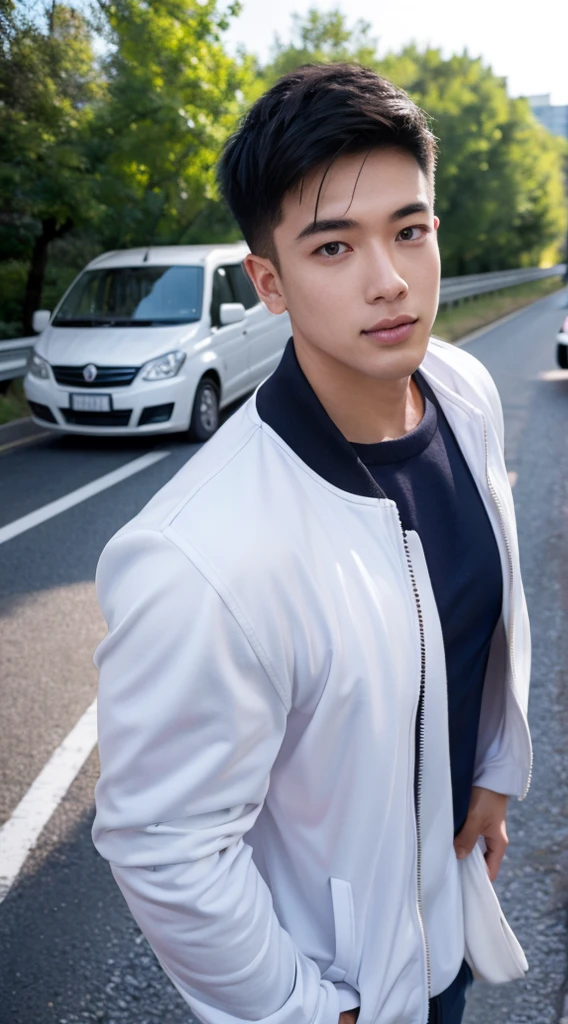 Masterpiece, best quality best, ung man, Asian man, East Asian people, one person, The muscles are in good proportion., Posing obscenely, short hair details, white teeth, jacket set, road background, Realistic style,photography,Can be seen from the front, see viewers
