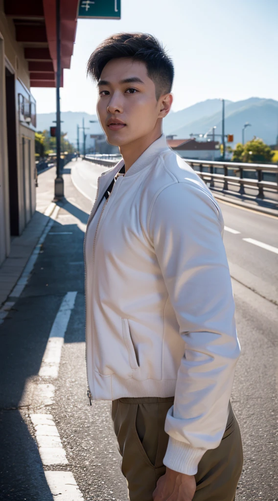 Masterpiece, best quality best, ung man, Asian man, East Asian people, one person, The muscles are in good proportion., Posing obscenely, short hair details, white teeth, jacket set, road background, Realistic style,photography,Can be seen from the front, see viewers