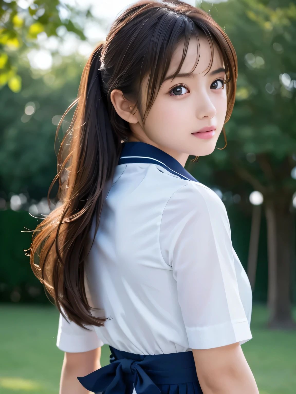 ((masterpiece, Highest quality, High resolution)), (look back:1.3), 1 girl, (Realistic: 1.4), Great face, , Medium Hair, (Beautiful Hair:1.5), Sailor suit, The background is a school building, Angle from the back, Smooth, Highly detailed CG composite 8K wallpaper, High resolution RAW color photos, Professional photography, Light, BackLight, dream-like, impressive, Written boundary depth