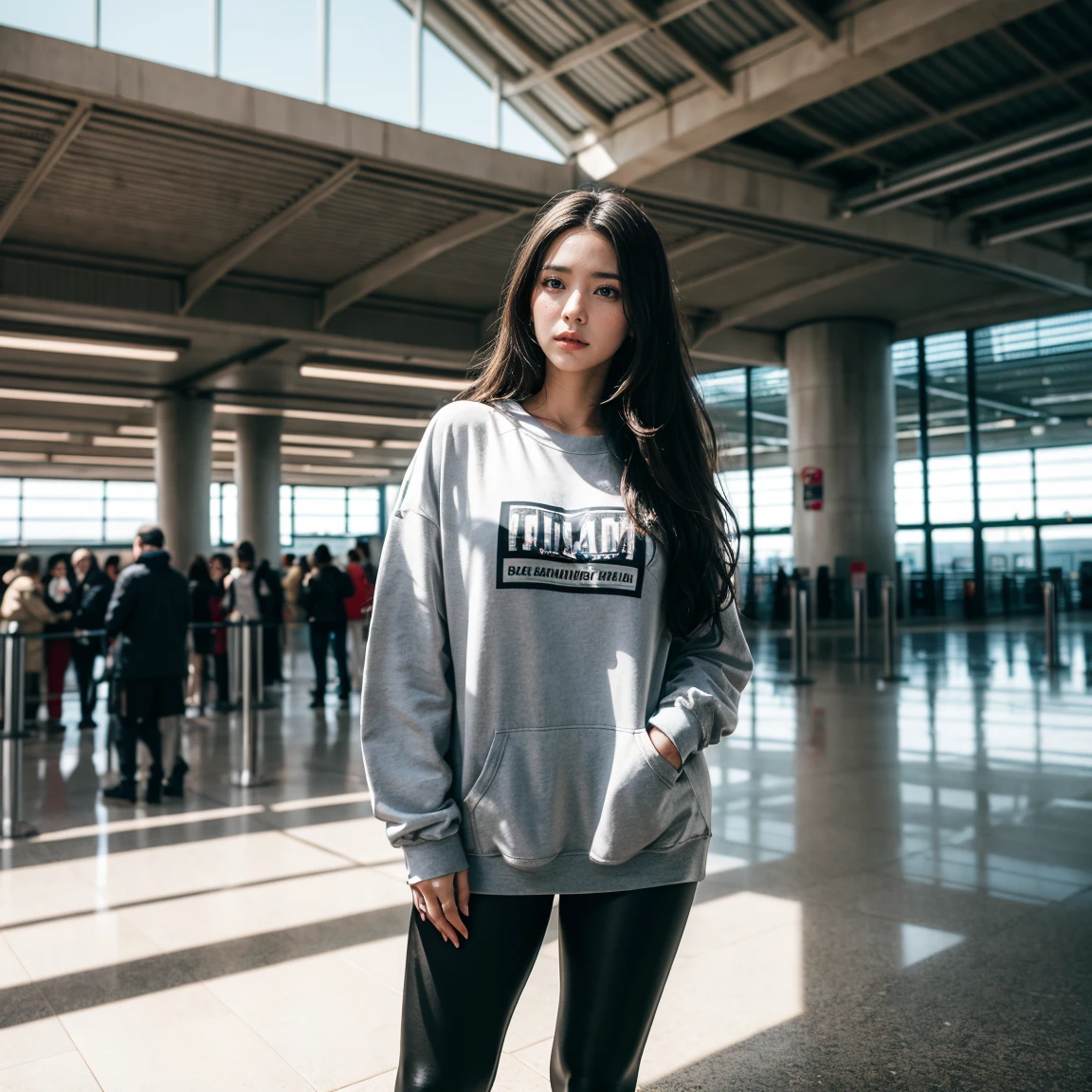 gorgeous young colombianwoman, in the airport, wearing a legging and a sweatshirt, full body, beautiful face, masterpiece, best quality, ultra-detailed, solo, shadows, contrast, cinematic light, side lighting, ultra high resolution, best shadow, RAW, 4k, 85 mm, poca profundidad de campo, Kodak Vision Color, estremadamente detailado, Cinematographer_\(ultra\), photorealistic, Realstic, Postproceso, Maximum details, aspereza, vida real, ultra realista, fotorreallsmo, Cinematographer, 8k UHD, Cinematographer