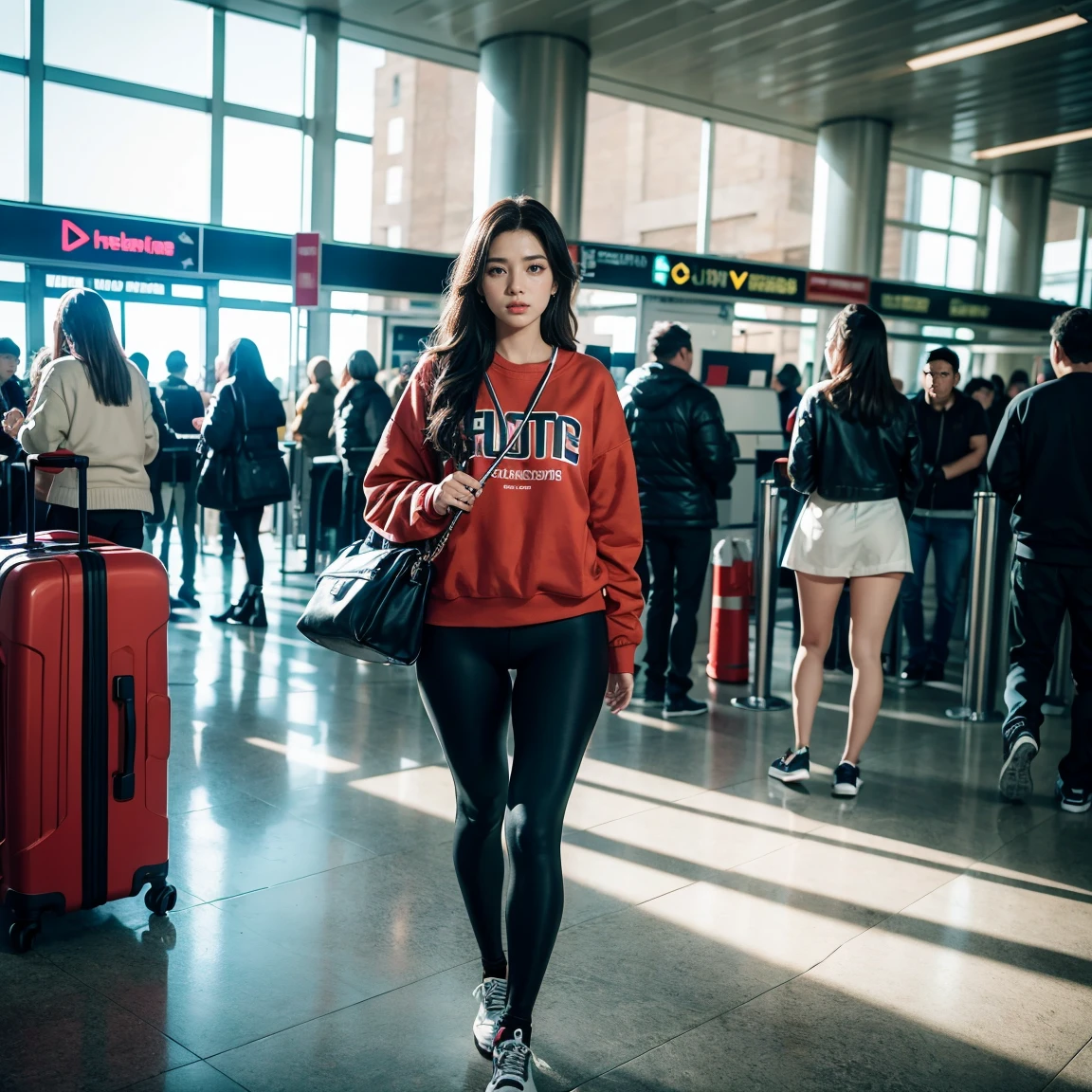 gorgeous young colombianwoman, in the airport, wearing a legging and a sweatshirt, full body, beautiful face, masterpiece, best quality, ultra-detailed, solo, shadows, contrast, cinematic light, side lighting, ultra high resolution, best shadow, RAW, 4k, 85 mm, poca profundidad de campo, Kodak Vision Color, estremadamente detailado, Cinematographer_\(ultra\), photorealistic, Realstic, Postproceso, Maximum details, aspereza, vida real, ultra realista, fotorreallsmo, Cinematographer, 8k UHD, Cinematographer