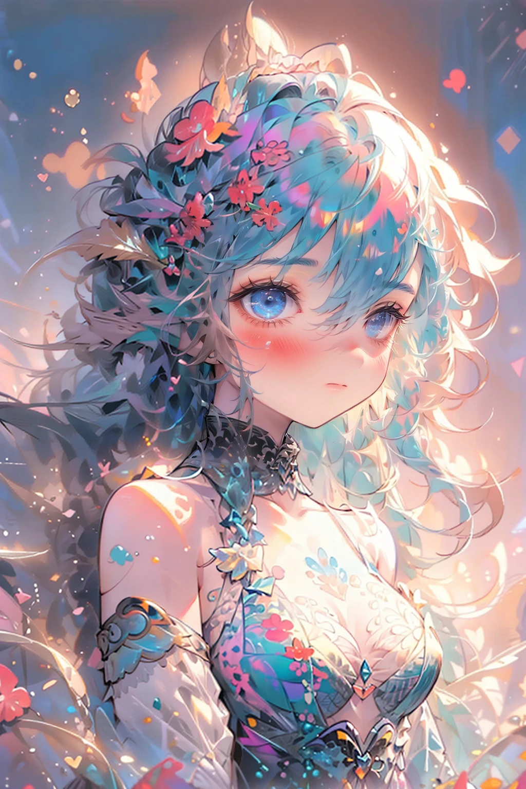 1girl,solo,cute,cleavage,rainbow hair,cleavage,she is mermaid,she has a mermaid fin,in the sea,under the sea,coral,fish,soft light,pink and blue