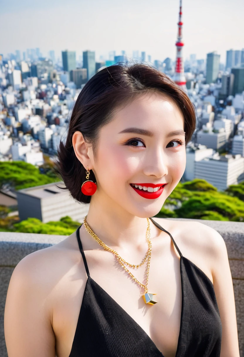 Asia　Gal　20th Generation　Earrings　necklace　smile　The city of Tokyo in the background　Red lipstick　