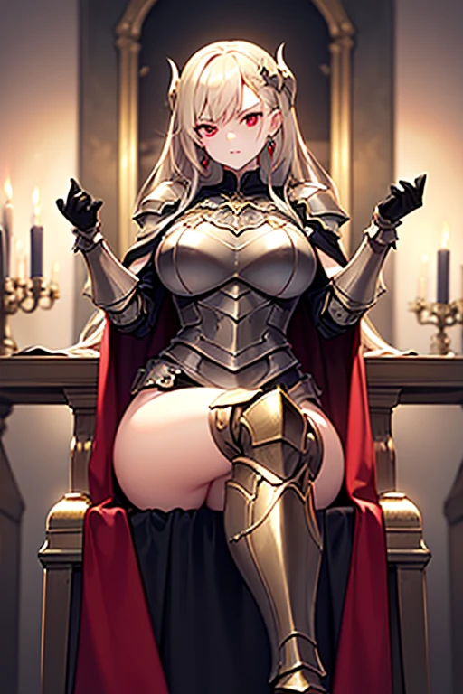 masterpiece, extra limbs, 1vampire lady, 250 years old,(light gold extra long hair), slant blank ruby red eyes, big breasts, muscle,(pale white finely detailed skin), (serious),(((clothed:1.5 armored dress knight))),hair ornaments,earrings,cape,evil sword,crossed legs,sitting on throne,old castle,midnight