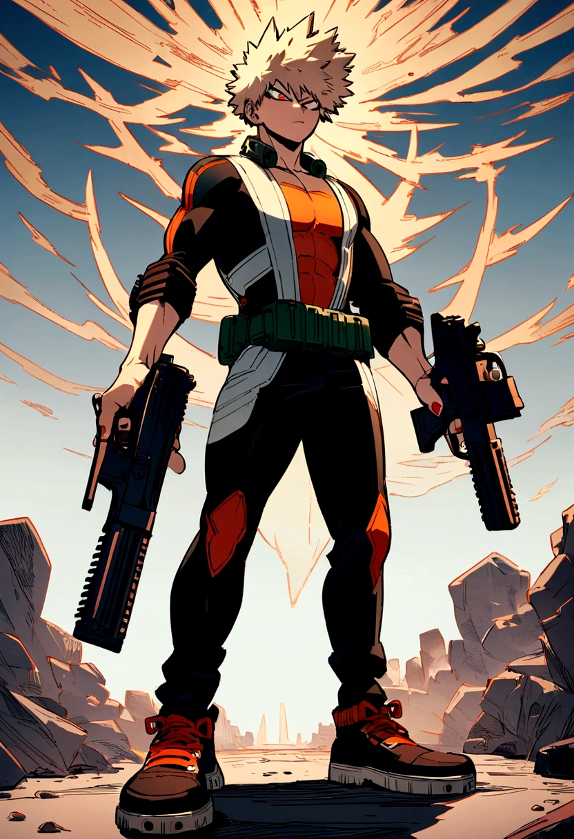 bakugo from my hero academia, full body, holding a gun, 9mm gun, perfect detailed gun.
