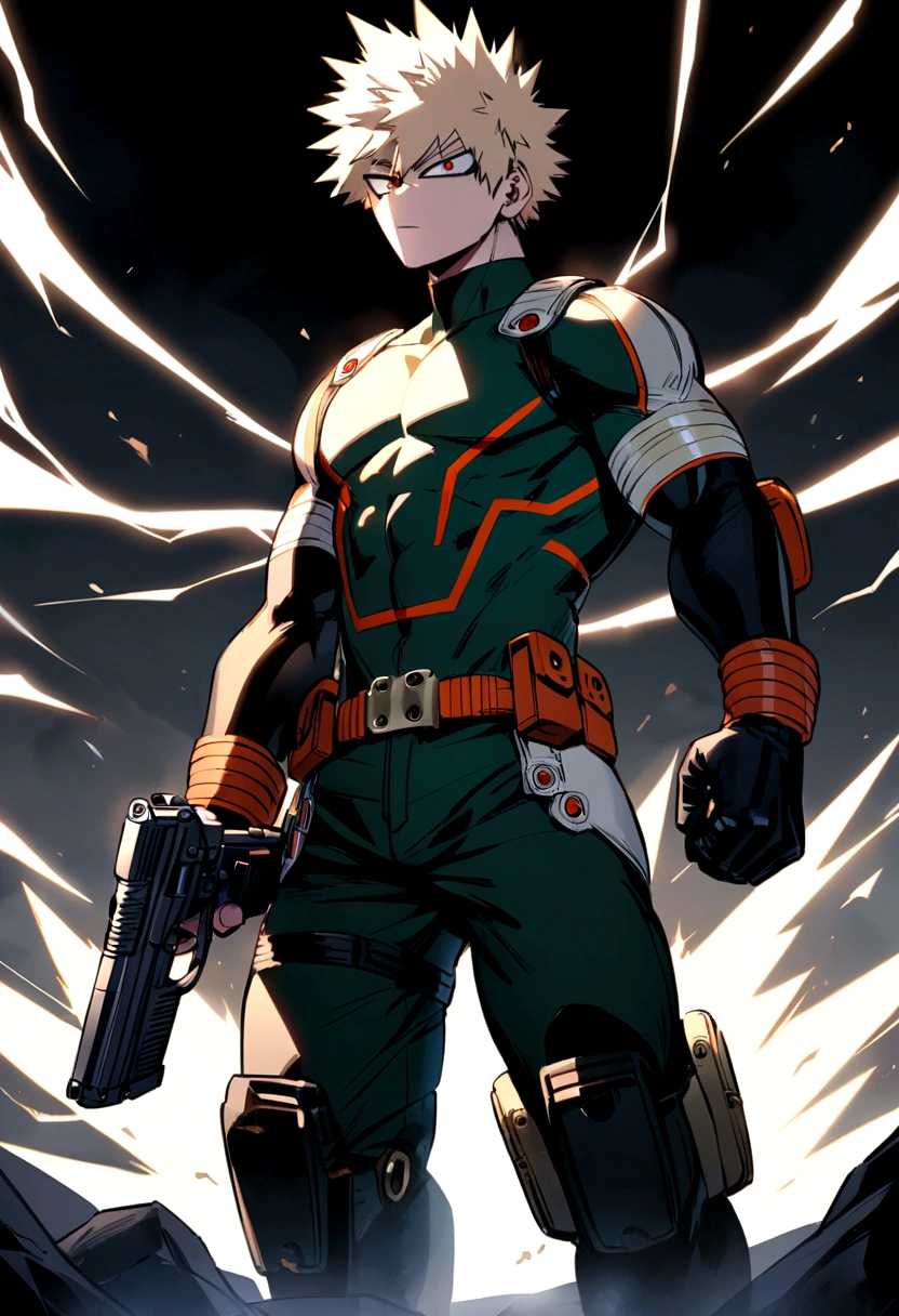 bakugo from my hero academia, full body, holding a gun, 9mm gun, perfect detailed gun.