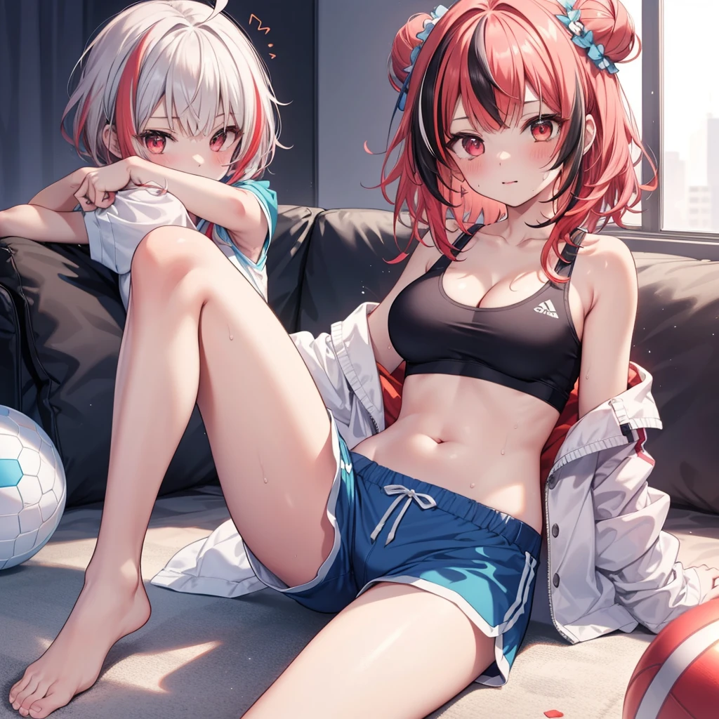 ((Highest quality)), ((masterpiece)), (detailed), a beautiful red haired anime girl in boxers and bra standing next to a yoga ball, 1girl, double bun, breasts, 独奏, hair bun, shorts, navel, sweat, ahoge, looking at viewer, red eyes, Virtual Youtuber, red hair, sitting, underwear, sports bra, blush, cleavage, streaked hair, blue shorts, sweat