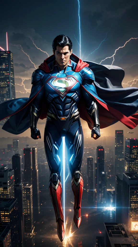 Masterpiece, best quality, NVIDIA RTX, sharp picture, cinematic lightning, ((hi-tech futuristic Superman)), ((Superman symbol)), ((floating)), perfect face, proportional body, luminous mecha-armor:1.3, glowing mecha armor:1.3, (cape blown by strong winds:1.3), on top of a bulding, full body, epic lights reflection, night, smokes, from above