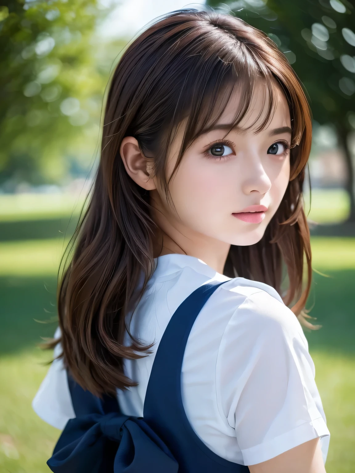 ((masterpiece, Highest quality, High resolution)), (Turn around and wave:1.2), 1 girl, (Realistic: 1.4), Great face, , Medium Hair, (Beautiful Hair:1.5), Sailor suit, The background is a school building, Angle from the back, Smooth, Highly detailed CG composite 8K wallpaper, High resolution RAW color photos, Professional photography, Light, BackLight, dream-like, impressive, Written boundary depth