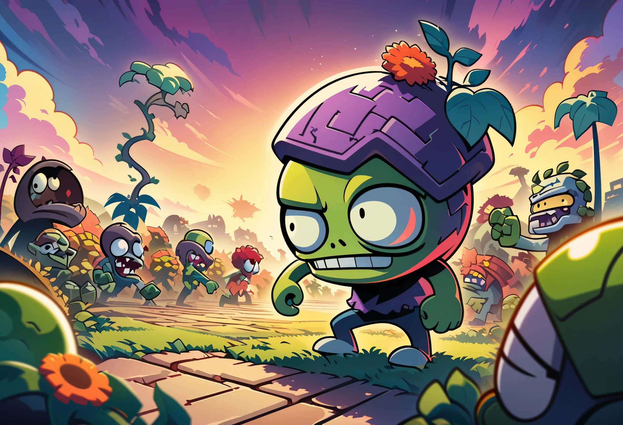 ((Plants vs Zombies, game design)), Official Art, Deformed zombies, Cute illustration, high quality, Surreal, Bright colors, Delicate and beautiful CG art, Detailed illustrations, High Contrast, masterpiece:1.2, 最high quality