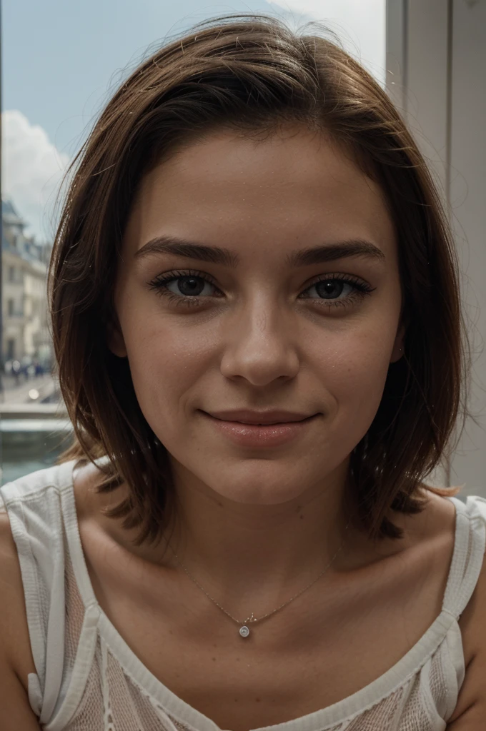 Photographie de 1 superbe fille de 24 ans, type brésilien blanc, en tenue  cheveux bruns longs ,en France avec la tour Eiffel , Portrait photographique, Souriant, regarder la caméra , éclairage spectaculaire, magnifique, (clivage profond), séance photo, occidental, meilleure qualité, Haute résolution, fond extrêmement détaillé, peau avec pores, éclairage cinématographique terminé