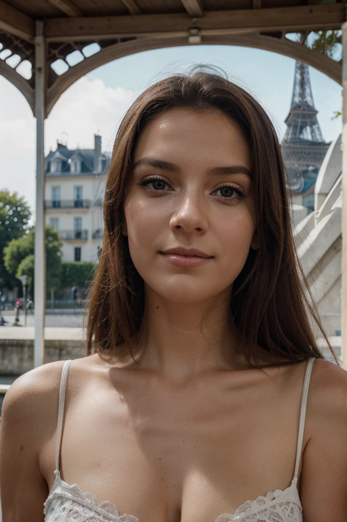 Photographie de 1 superbe fille de 24 ans, type brésilien blanc, en tenue sexy cheveux bruns longs ,en France avec la tour Eiffel , Portrait photographique, Souriant, regarder la caméra , éclairage spectaculaire, magnifique, (clivage profond), séance photo, occidental, meilleure qualité, Haute résolution, fond extrêmement détaillé, peau avec pores, éclairage cinématographique terminé