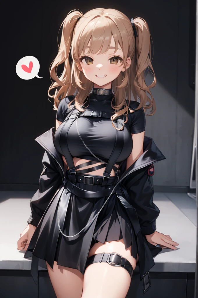 ddsister, long hair, two side up, wavy hair, grin, crop top, cropped shirt, black shirt, chest harness, suspenders, off shoulder, black jacket, open jacket, long sleeves, midriff, miniskirt, black skirt, thigh strap,(((spoken heart))),,,,(((dark room))),church,looking viewer,huge breasts,nsfw