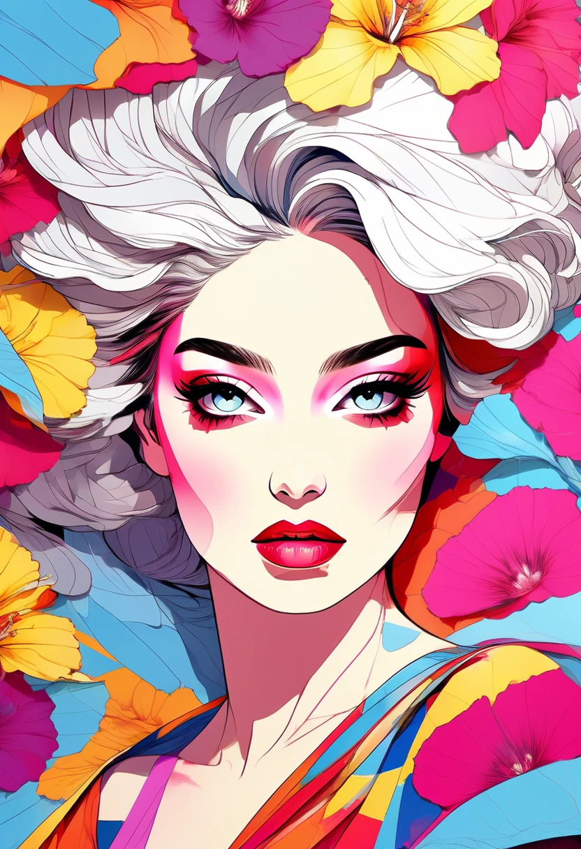 Create a pop art style digital artwork, Bold makeup and colorful fashion、Featuring vibrant and confident women, Cinematic color scheme, Surrounded by vintage floral patterns, Powerful brushwork,The atmosphere should be dynamic., Upper Body, drawing, figure, grayscale