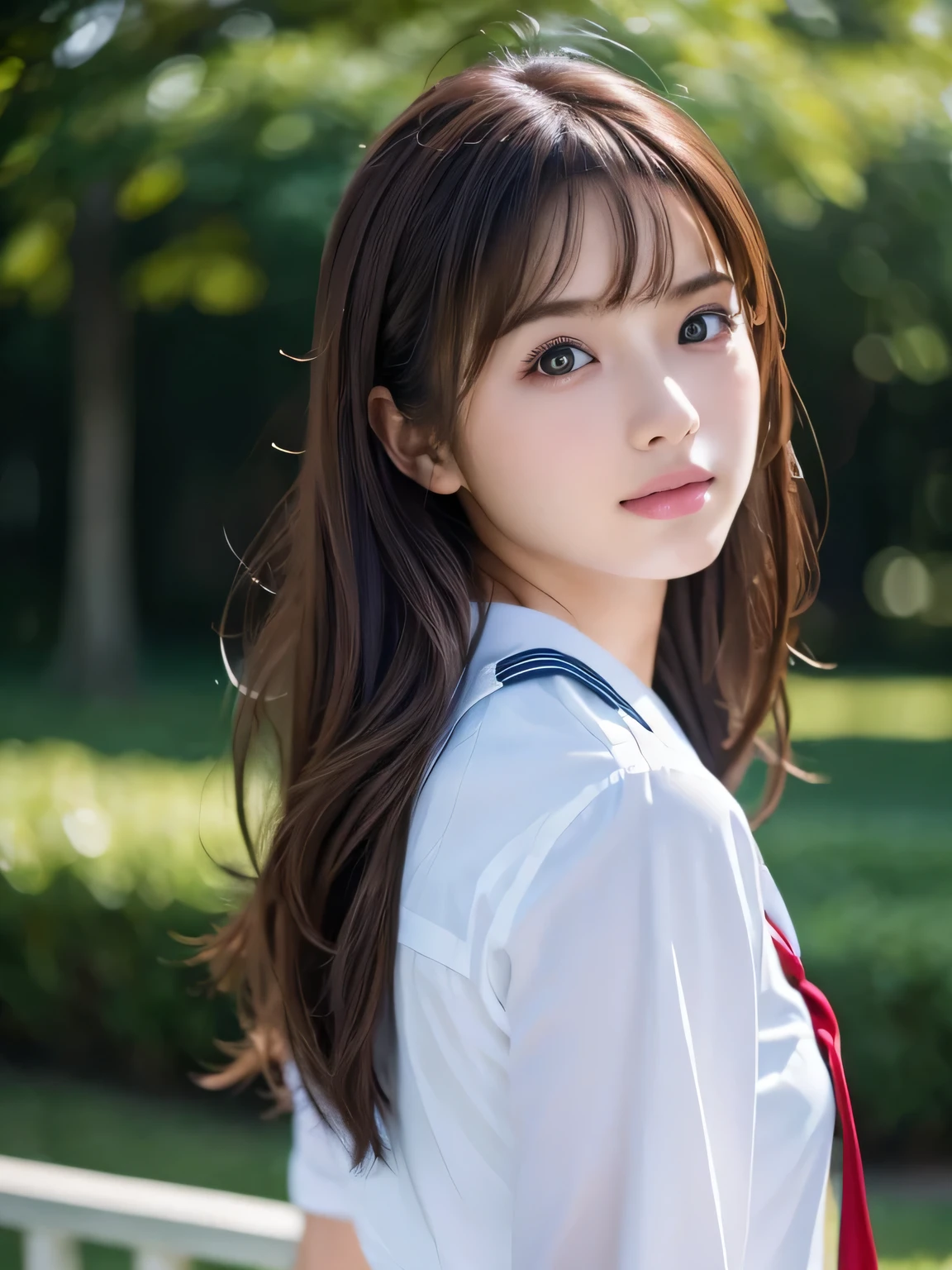 ((masterpiece, Highest quality, High resolution)), (Turn around and wave:1.2), 1 girl, (Realistic: 1.4), Great face, , Medium Hair, (Beautiful Hair:1.5), Sailor suit, The background is a school building, Angle from the back, Smooth, Highly detailed CG composite 8K wallpaper, High resolution RAW color photos, Professional photography, Light, BackLight, dream-like, impressive, Written boundary depth