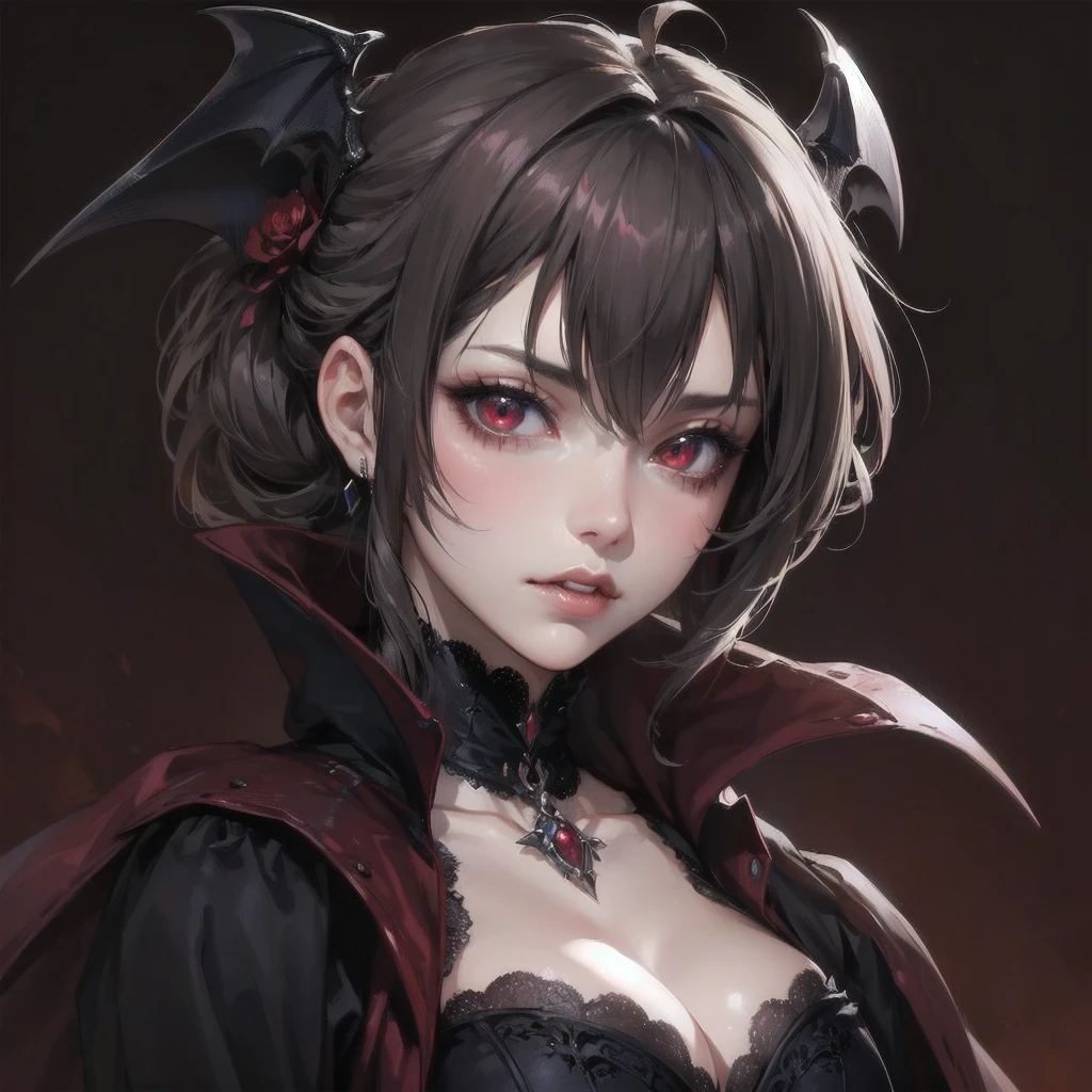  masterpiece, (textured skin), best quality, gorgeous beautiful girl, (a female vampire),,detailed clothes,large breasts,narrow waist,, (beautiful face), cinematic lighting, (fantasy anime art ),