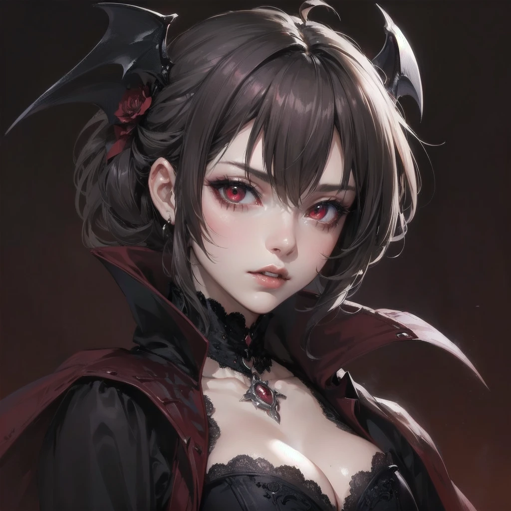  masterpiece, (textured skin), best quality, gorgeous beautiful girl, (a female vampire),,detailed clothes,large breasts,narrow waist,, (beautiful face), cinematic lighting, (fantasy anime art ),