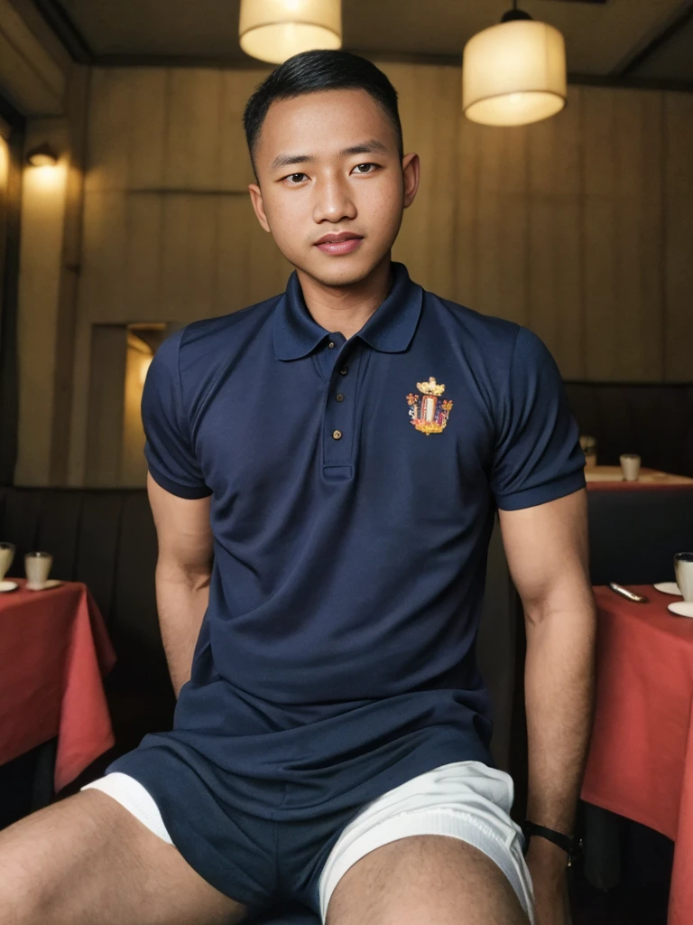 Masterpiece, best quality High resolution, realistic, handsome, beautifully photographed, syahnk SFW, 35 year old portrait. (man: 1.2) Military press, amazing weight, short buzzcut hair, stubby head. , (too much muscle ),look at the viewer,Flirting with the camera,charming,(Tight polo shirt ), 8K UHD , Restaurant