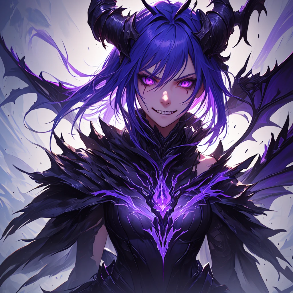 1girl, solo, person, anime character with a purple and black wings and a purple and black dragon, purple ancient antler deity, warframe hound, fit girl demon with white horns, demon soul concept art, detailed warframe, lolth, female djinn demon hybrid, warframe infested art, nightmare render, warframe hound art, king of time reaper, illithid, portrait, shoulder up, (close up shot, side shot:1.02), dynamic pose, expressive, anger, snarl, njmjzkz, smirk, laugh