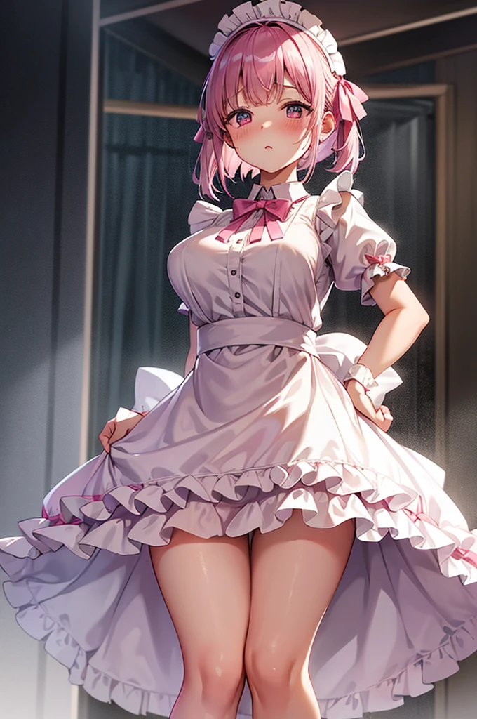 Highest quality、Shiny silk short sleeve puff sleeve pink maid outfit、transparent、Very short skirt、Giant ribbon、A short white ruffled apron、Garter belt with ribbon、Pink high heels with ribbon、Large headband with ribbon、Flushed Cheeks、Embarrassed look、Heavy breathing、Pure white underwear、Soaking wet、storm、Stand on a chair and stretch、Looking up from directly below