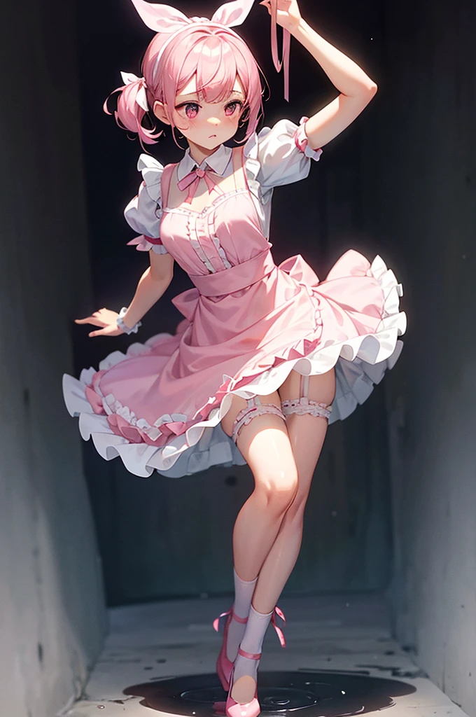 Highest quality、Shiny silk short sleeve puff sleeve pink maid outfit、transparent、Very short skirt、Giant ribbon、A short white ruffled apron、Garter belt with ribbon、Pink high heels with ribbon、Large headband with ribbon、Flushed Cheeks、Embarrassed look、Heavy breathing、Pure white underwear、Soaking wet、storm、Stand on a chair and stretch、Looking up from directly below
