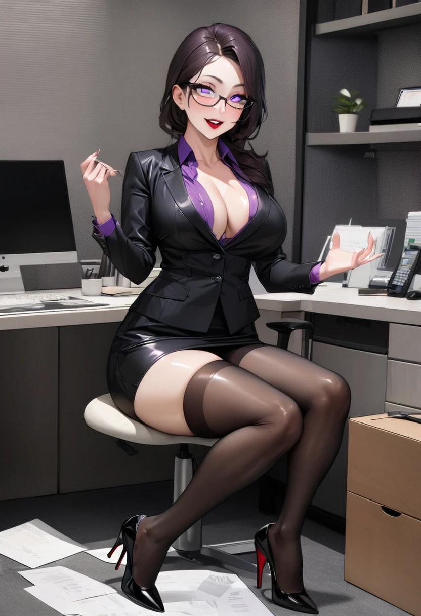 1 mature and seductive woman,(Detailed Description,Incredibly absurd,High resolution,8k wallpaper,masterpiece,Highest quality,Depth of region,Anatomically accurate depiction,Perfect body,Two lovely hands, Five perfect fingers),(Glowing Skin,Shiny skin,Oilskin),(Office Lady,An excellent female secretary,Villainess),(business suit,Tight Skirt,Formal Shirt,High heels,Black Stockings,Luxurious accessories,Glasses),eyelash,(Purple eyes,Show me your breasts,sadistic,Bewitching Smile,Glossy red lipstick,Open your mouth,Sitting),(whole body),(background:In the office,)