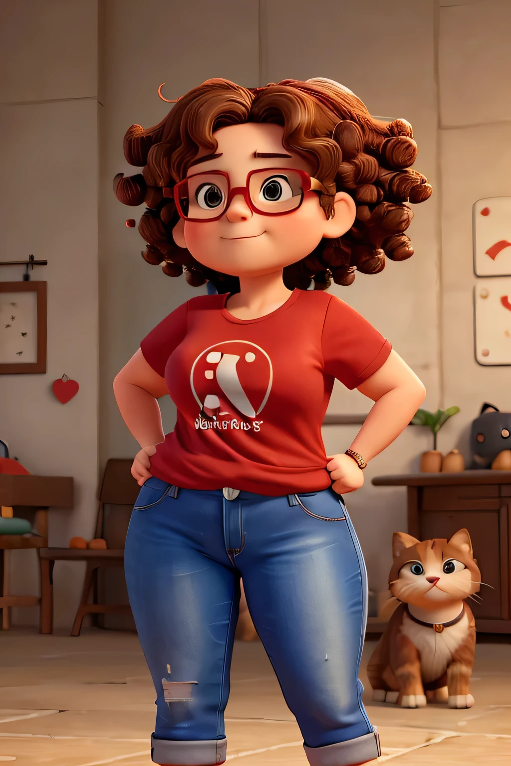a slightly fat woman aged 55, mature features, curly brown hair with a masculine cut. She wears square-shaped glasses, a red t-shirt and jeans and has both arms raised upwards, with closed fists showing her strength, in the background there are stray cats and dogs.