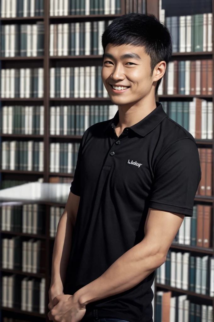 young asian man in a black polo shirt standing by the window with a smiling face, looking into the distance Turn your head slightly.,(library:1.5)