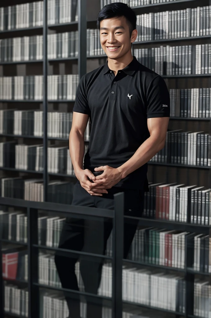 young asian man in a black polo shirt standing by the window with a smiling face, looking into the distance Turn your head slightly.,(library:1.5)