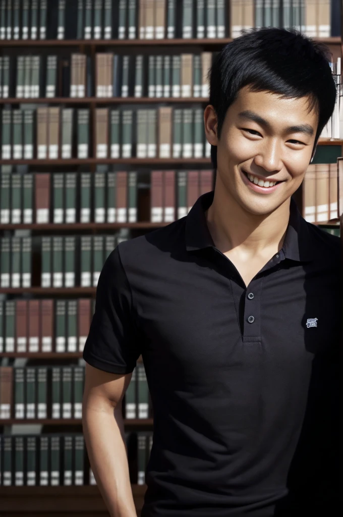 young asian man in a black polo shirt standing by the window with a smiling face, looking into the distance Turn your head slightly.，(library:1.5)