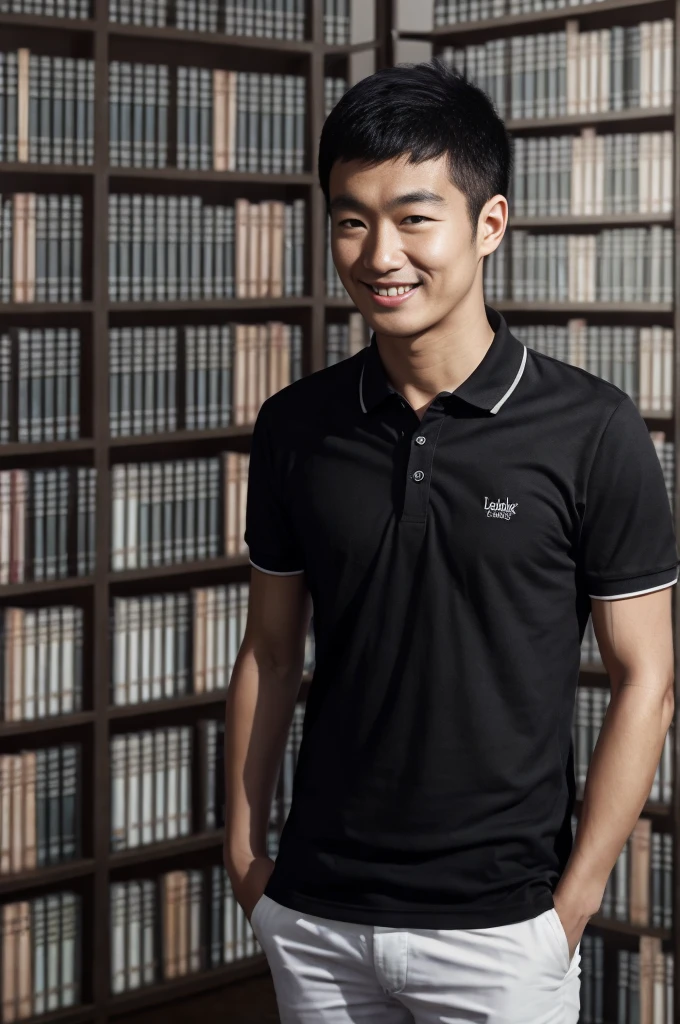 young asian man in a black polo shirt standing by the window with a smiling face, looking into the distance Turn your head slightly.，(library:1.5)
