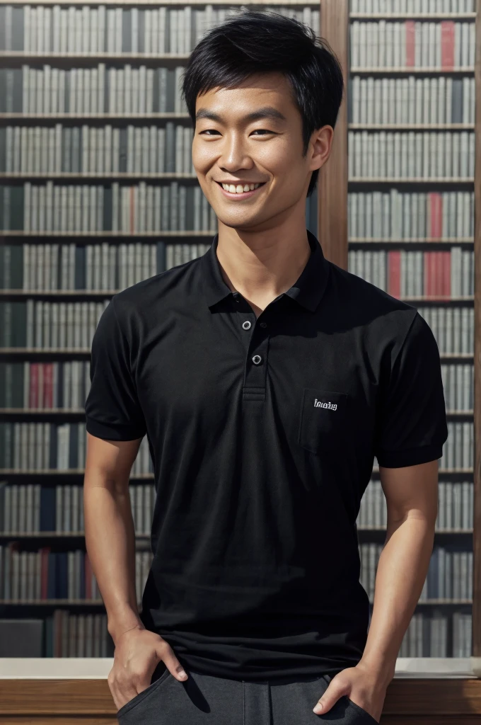 young asian man in a black polo shirt standing by the window with a smiling face, looking into the distance Turn your head slightly.,(library:1.5)