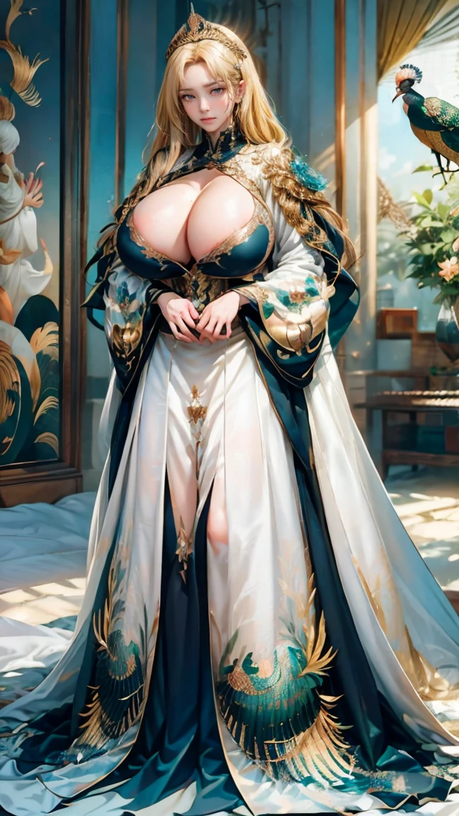 Best quality, masterpiece, ultra high res, raw photo, beautiful and aesthetic,deep shadow, dark theme,(ultra detailed:1.3),
1girl, dynamic pose, Headdress, (beautiful face, detailed eye:1.2), embarrassed, (busty breasts, gigantic breasts:1.1), drill hair, long hair, blonde hair, gradient hair, yellow eyes, solo, big hair, blue hair, divine goddess, looking at viewer, indoors, royal palace, medieval bedroom, astraea, full body, nhjy, a white dress with a peacock on it