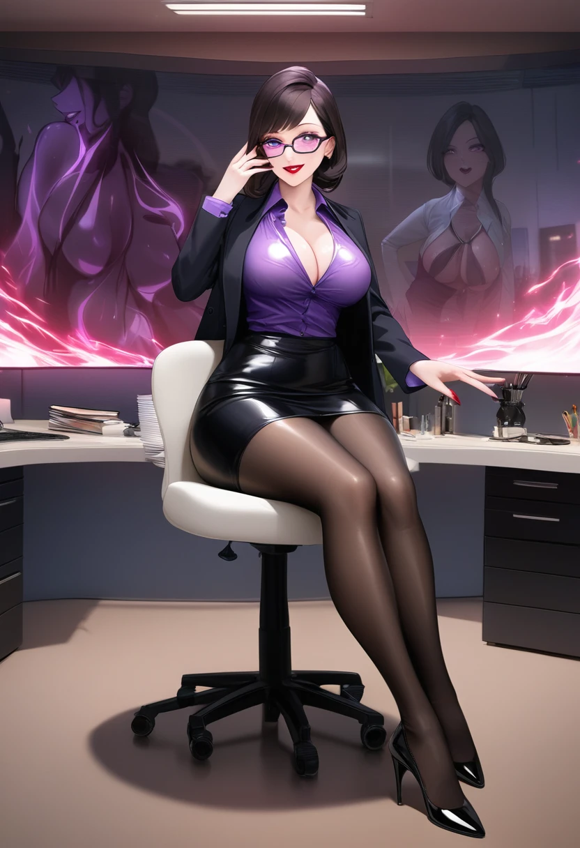 1 mature and seductive woman,(Detailed Description,Incredibly absurd,High resolution,8k wallpaper,masterpiece,Highest quality,Depth of region,Anatomically accurate depiction,Perfect body,Two lovely hands, Five perfect fingers),(Glowing Skin,Shiny skin,Oilskin),(Office Lady,An excellent female secretary,Villainess),(business suit,Tight Skirt,Formal Shirt,High heels,Black Stockings,Luxurious accessories,Glasses),eyelash,(Purple eyes,Show me your breasts,sadistic,Bewitching Smile,Glossy red lipstick,Open your mouth,Sitting),(whole body),(background:In the office,)