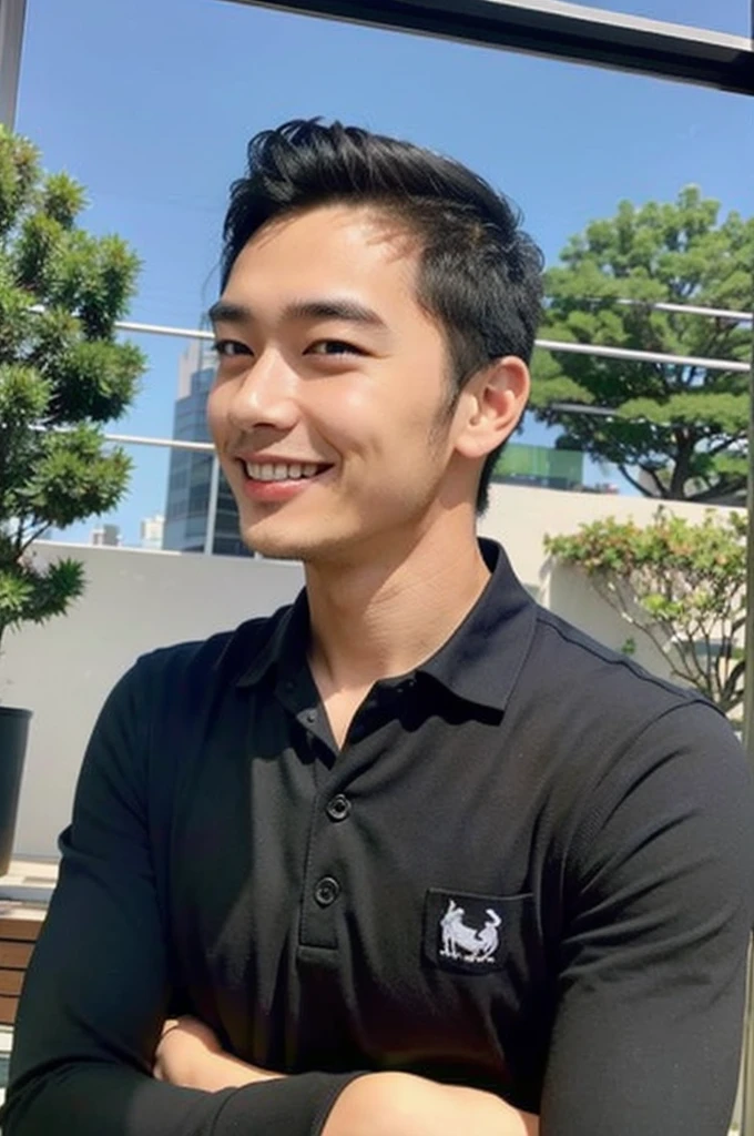 young asian man in a black polo shirt standing by the window with a smiling face, looking into the distance Turn your head slightly.，(library:1.5)