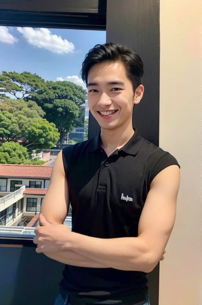 young asian man in a black polo shirt standing by the window with a smiling face, looking into the distance Turn your head slightly.，(library:1.5)